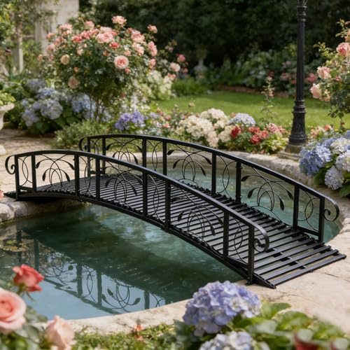 JSUN7 Metal Garden Bridge 8FT - Garden Bridges for Outdoors, Garden Bridge with Safety Guardrails, Decorative Footbridge Outdoor Bridge for Garden, Pond, Creek, Stream, Backyard, Black