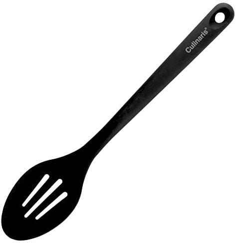 Culinaris Silikon Servierlöffel geschlitzt • Hitzebeständiger Löffel zum Backen Kochen BBQ Grillen • BPA frei Lebensmittelqualität • Spülmaschinengeeignet • Farbe Schwarz (L 33 cm x B 6,5 cm)