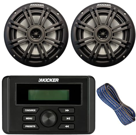 Kicker Weather-Resistant Marine Bluetooth USB AM/FM Stereo Receiver Bundle Combo with 1 Pair (Qty 2) of 6.5 2-Way 150W Max Power Coaxial Black Marine Audio Speakers, 50-Feet 16-Gauge Speaker Wire