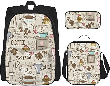 CARRDKDK Ensemble de 3 pièces avec sac à dos imprimé Venice Night avec boîte à déjeuner et trousse à crayons pour garçons et filles, Machine à expresso, Taille unique