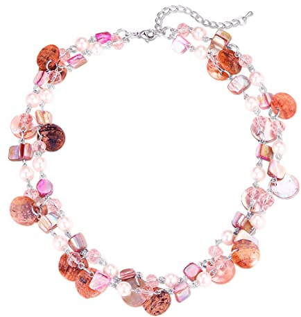 FULU AUTUMN Donne Collana di Conchiglie in Argento a Strati Collane Bohémien Corte Collana Girocollo con Perline Turchesi Regali Compleanno(Pink)