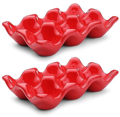 Flexzion Ceramic Egg Tray - 6 Egg Capacity Half Dozen Holder, Red Decorative Serving Dish and Storage Organizer, 2 Pack