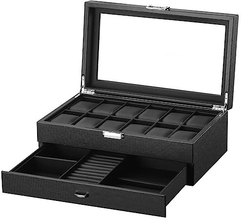 DRAIGERWAY Uhrenbox mit 2 Ebenen,Uhrenbox Schmuck Uhr Aufbewahrungsbox mit Glasdeckel, Uhrenkasten schmuckkästchen Uhrenkoffer 12 Fächer und 1 Schublade für Uhren, Ringe, Armbänder (Kohlefaser-W60B)