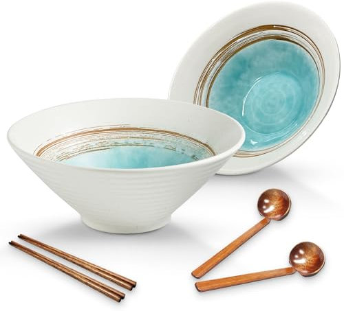 mehrido Ceramic Ramen Bowl Set, 2 Sets 1000ml Large Japanese Noodle Soup Bowls with Spoons and Chopsticks for Soup Udon Soba Pho Asian Noodles Pasta Salad