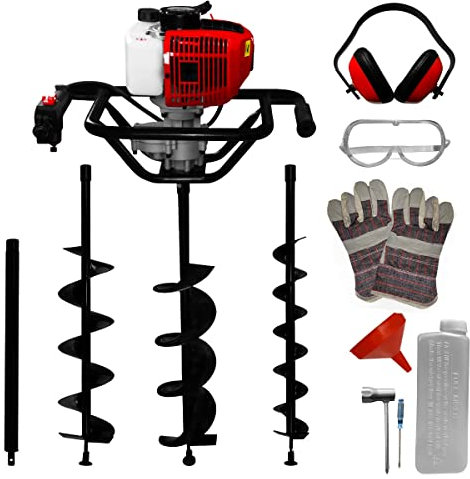 Barrena Taladro de Tierra con 3 Brocas Ahoyadora Excavadora en Espiral Motoperforadora para Cavar Agujeros Motor Gasolina 52cc 2 Tiempos 3CV 9000rpm Poste de Extensión+EPI+Kit Herramientas Incluidos