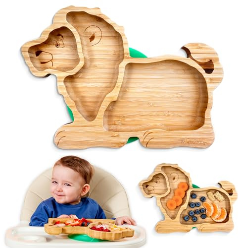 BamBamKidz Piatto a ventosa divisa in bambù per bambini – Piatto per bambini con ventosa forte – Non tossico, completamente realizzato con materiali naturali ecologici – Leone