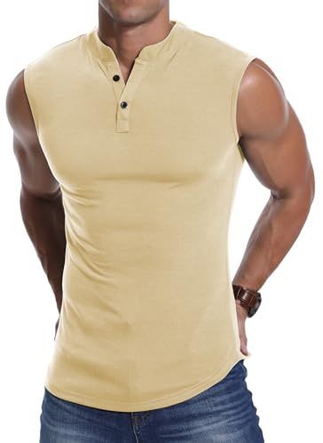 KUYIGO Ärmlös Henley-väst för män sport topp fitness smal löpning t-shirt, Aprikos, S