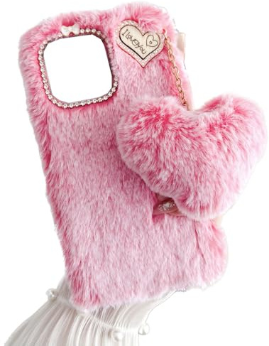 SEHEYA Cover Peloso Cuore per iPhone 12 Mini Custodia in Peluche Soffici Morbido TPU Bumper Carino Ciondolo di Pompon Fluffy Case Ragazze Donne, Rosa Pesca
