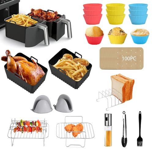 23Pcs Air Fryer Zubehör, Ninja Heißluftfritteuse Zubehör, Dual Zone Silikonform Airfryer Accessories für Ninja Foodi AF300EU AF400EU AF500EU,COSORI/Innsky/Princess/Tower 7,6-9,5L mit Grillrost