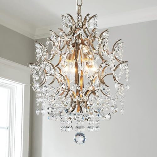 SHRINE LIGHTING Kristall-Kronleuchter, Modernes Design, Perfekte Pendelleuchte für Wohnraum, D33 x H40cm, E14-Basis 4-Lichter, Verstellbare Ketten 59, Messing-Finish