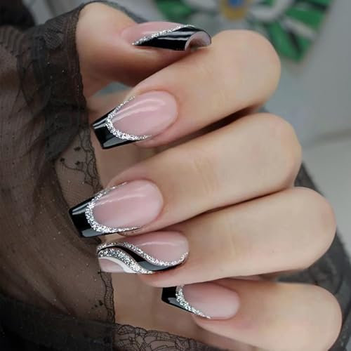 24 Pièces Carrés Faux Ongles Court, French Noire Brillant Press on Nails à Coller, Ongles Pointe Français, Faux Ongles en Acrylique à Couverture Complète avec Lime pour Femmes et Filles