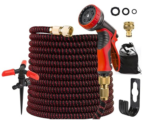 Dwellton - 100 FT Expandable Garden Hose - Lightweight, High-Pressure Flexible Water Hose with 10-Function Spray Gun, Leak-Proof Design, Easy Storage & Free Carry Bag (Red)