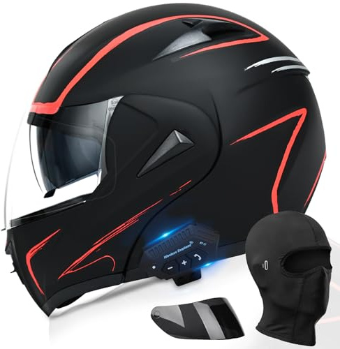 Motorcycle Bluetooth Modular Helmet, DOT Approved Dual Visor Full Face Flip Up Bluetooth Integrated Motorcycle Helmet for Adults Men and Women (Red,Small)