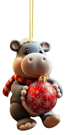 Eauptffy Weihnachtsdeko Nilpferd hält Kuchen Acryl Weihnachtsschmuck Anhänger Doppeldruck Hängend Weihnachtsbaum Deko Anhänger Weihnachtsbaumschmuck Auto Dekoration Anhänger