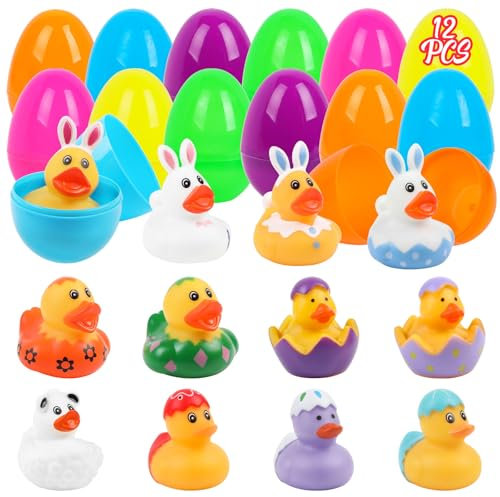 SULOLI 12 Stück Gefüllte Ostereier mit Gummiente,Mini gelben Enten im Ostereier,Osterkorb Füller mit Gummiente für Kinder Ostern Party