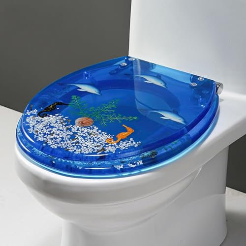 WC-Sitz mit Absenkautomatik, Toilettensitz aus Transparent Harz, WC Deckel mit Edelstahl-Scharnier, 3D-Ozean-Serie Toilettendeckel mit Echte Muscheln und Kies, V-Form Toilettenbrille (C)