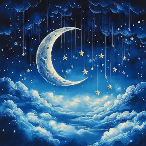 XDEGHUANGSS Latch Hook Kit Komplettset,Knüpfset für Kissen,43x43 cm,mit Garn & Werkzeug,Webrahmen DIY Starterpaket für Erwachsene,Einfaches Handarbeit-Projekt,Sternennacht Mond