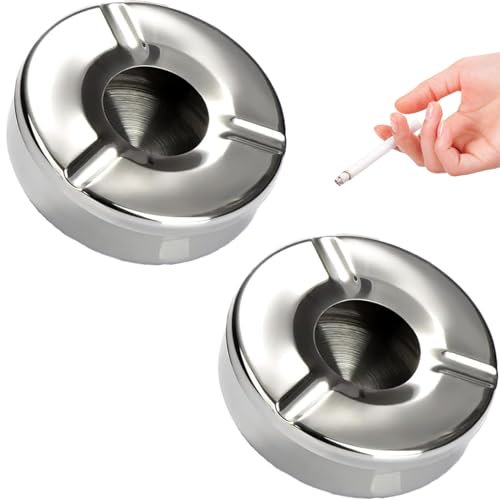 YUNYU Windproof Ashtray Set of 2 - Stainless Steel Outdoor Ashtray with Lid (Diameter 12 cm) | Camping, Balcony & Garden | Rustproof & Dishwasher Safe