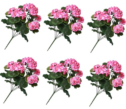 Schedulety ArtificialFlowers for Outdoors 6 geranios realistas con Ramas Ajustables, de Seda de Larga duración, para Interior y Exterior. (36X10X3cm)