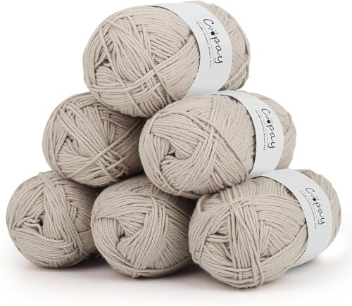 Coopay 100% Cotton Yarn for Crochet and Knitting, 6 x 50g Crochet Cotton Yarn, 4 Ply Soft Cotton Knitting Yarn, Ideal Cotton Crochet Yarn for Dishcloth, Baby Blankets, Socks, Hats - Beige