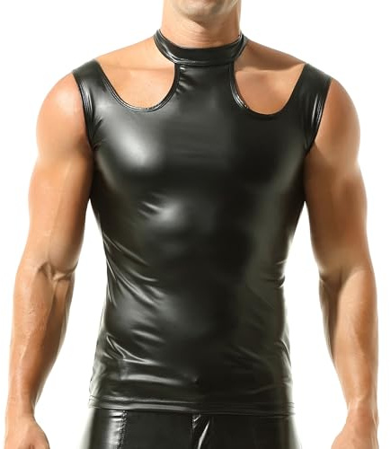 YOOBNG Men's Faux Leather Vest Sleeveless Shirt Wet Look Zipper Undershirt Round Neck Shirt Nightwear Vest