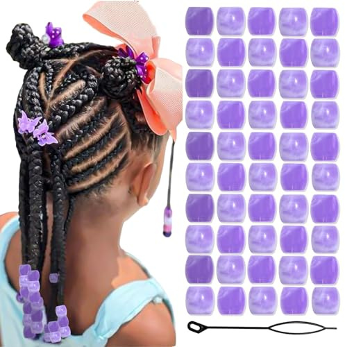 Auroriel 50PCS Lila Haarperlen Zöpfe Große Acrylperlen Dreadlock Accessoires Kinder Mädchen Haar Schmuck mit Einfädelhilfe