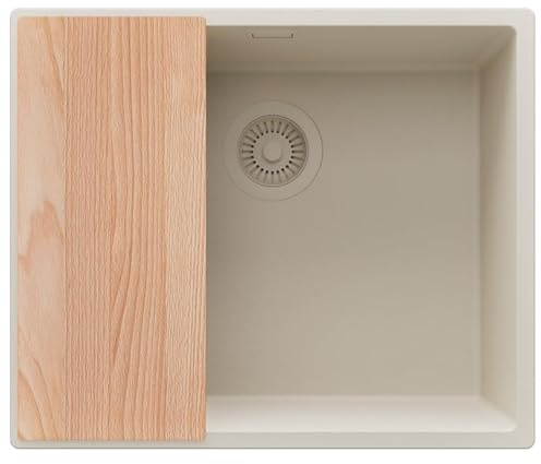 PRIMAGRAN Fregadero bajo Encimera al Mueble 60cm + Kit de desagüe, 56x47cm | Set: Kit de desagüe (sifón, válvula, rebosadero) + Tabla de Cortar + London 1 Seno para Cocina, Todo Beige