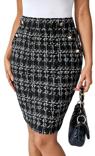 KIJSKKOPO Gonne Avvolgenti in Tweed da Donna, Gonn Tubino ttillata A Vita Alta Nera, Modello A, Autunno Inverno, Mini Abito da Lavoro Elegante in Stile retrò Scozzese con Tasche, Nero XL