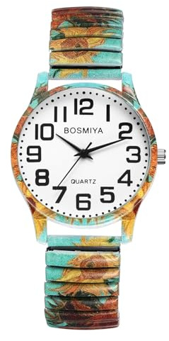 JewelryWe Ladies Expandable Bracelet Watches: Women Bohemian Sunflower Expansion Band Quartz Analog Large Arabic Numerals Dial Wristwatch