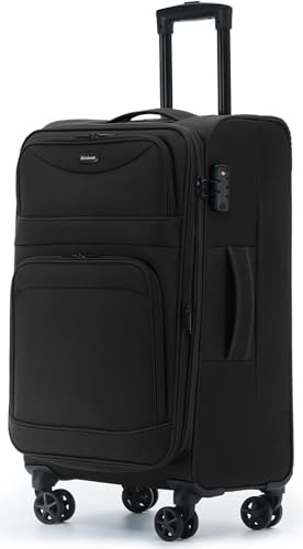 Münicase Stoffkoffer erweiterbar mit Frontfächern,15% Extra-Volumen, TSA-Schloss, 360° Doppelrollen & verdecktem Namensschild (Schwarz, Koffer L (69 cm) erweiterbar)