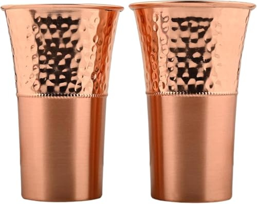 ANCIENTIMPEX Lot de 2 gobelets en cuivre de qualité supérieure - Capacité de 350 ml - Verres à eau ayurvédiques pour des bienfaits pour la santé (motif martelé et uni).