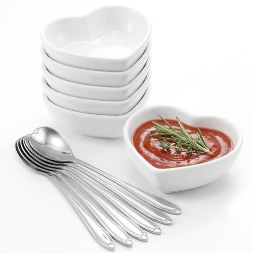 Mssushi 6 Pcs Heart Bowl Ceramic 70ml, with Spoons (White)