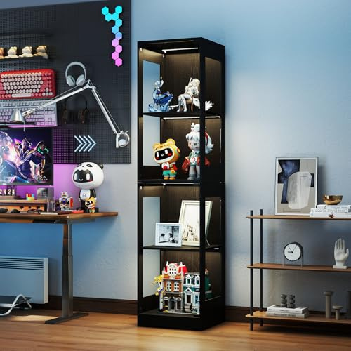 YU YUSING Glasvitrine mit Beleuchtung Vitrinenschrank mit Glastürrn 4-Lagen | Küchenschrank Vitrine für Sammlerstücke, 165cm Display Cabinet mit Intelligente Sensorik für Wohnzimmer Schlafzimmer, Schwarz