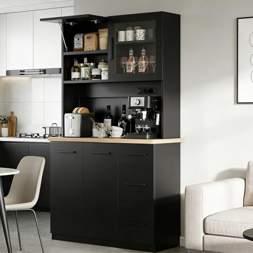 Devoko Armario Alto de Cocina con Luces LED y Enchufe, Mueble de Almacenamiento con 3 Cajones, Vitrina y Compartimentos Abiertos, Estantes Ajustables para Comedor,100x40x182cm (Negro)