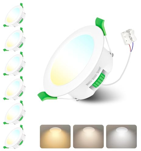 Jaenmsa LED Downlights for Ceiling, 4W 300lm Dimmable Spotlights, IP44 Bathroom Downlights, Slim Recessed Spot Lights, Warm White 3000K, Neutral White 4000K, Cool White 6500K, Cutout 55-65mm, 6 Pack