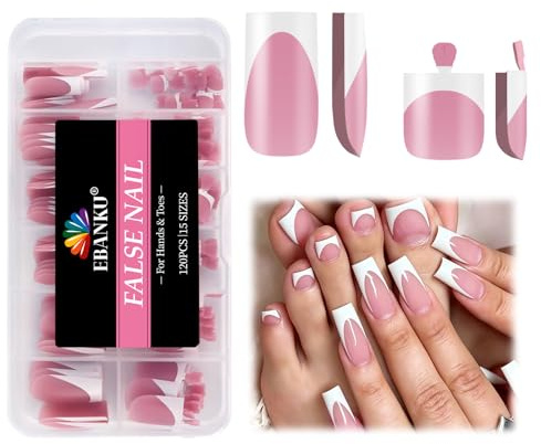 EBANKU 120PCS French Tip Toe Press on Nails Set | Unghie Finte French Bianco Unghie Piedi Preformate Medium Square Fake Nails Tips Piedi Acrilico Copertura Totale, 15 Misure