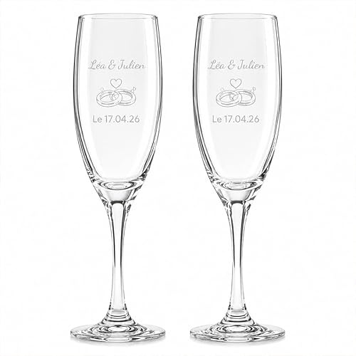 Flûtes à Champagne Personnalisées Lot de 2 – Gravure Prénoms et Date – Duo Élégant 22,5 cm – Idée Cadeau Mariage, Couple, Saint-Valentin