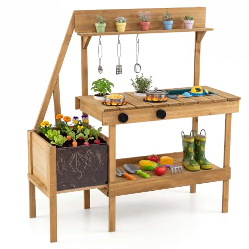 COSTWAY Mud Kitchen, Outdoor Kids Play Kitchen | Wooden Chef Pretend Kitchen Playset with Planter Box, Stoves, Sink & 8 Accessories for Boys Girls Ages 3+