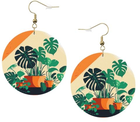 Cute Cartton Monstera Print Leather Earrings Trendy Round Drop Earrings, Lightweight Dangle Jewellery for Women
