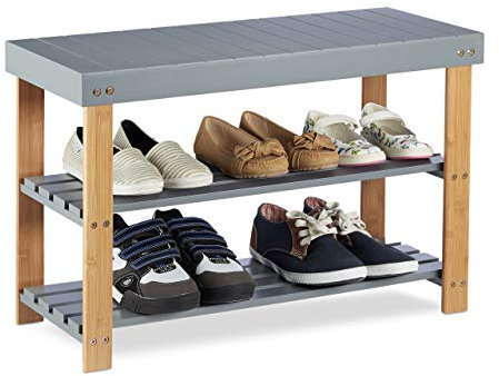 Relaxdays Schuhbank, 2 Ebenen, offen, Schuhaufbewahrung, zum Sitzen, natürliche Maserung, HBT: 45x70x28,5cm, grau