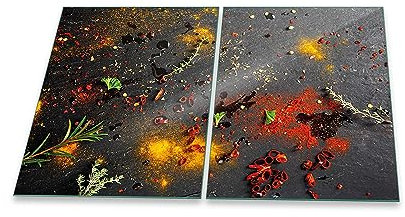 Herdabdeckplatte Abdeckung Ceranfeld Abdeckplatte Schneidebrett 2-Teilig 80x52 Gewürze Mehrfarbig Spritzschutz Glasplatte Ceranfeldabdeckung Schutz Herdschutz Sicherheitsglas Glasschneidebrett 2x40x52