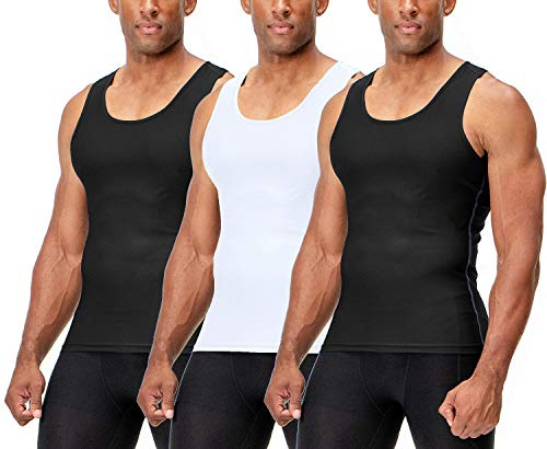 DEVOPS 3 Pack Men's Muscle Dry Fit Compression Tank Top (X-Large, Black/Black/White)