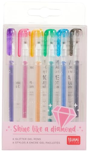 Legami GGP0001 - Set mit 6 Mini-Gelstiften, Glitzer, 0,8 x 10,8 cm, Shine Like Diamond, Durchmesser der Spitze 1,0 mm, Farben Violett, Gold, Grün, Blau, Rosa, Schwarz