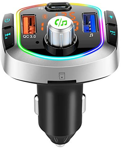Asudaro Émetteur de voiture Bluetooth 5.0, lecteur MP3 avec chargeur de musique Bluetooth Lecteur MP3 sans fil Bluetooth mains libres, chargeur USB de soutien, carte TF, lumière LED 7 couleurs