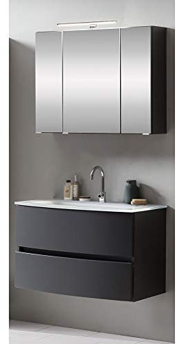 Lomadox Badmöbel Waschtisch Set 2-TLG. 80 cm in Graphitgrau mit matt grau inkl. LED Beleuchtung, BxHxT: ca. 80x200x49 cm