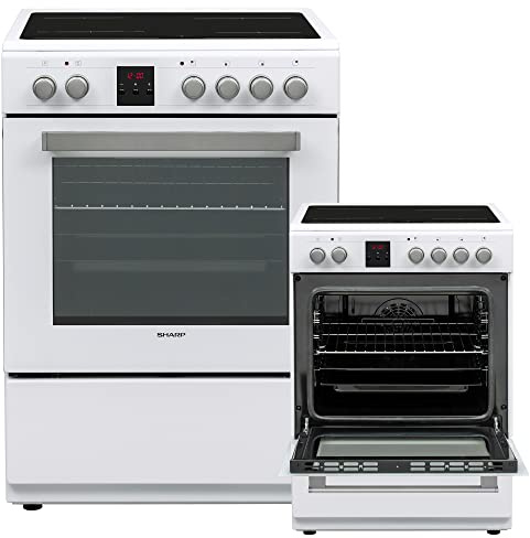 Sharp KF-76VDD19W-DE Elektro-Standherd mit Glaskeramik-Kochfeld, 60 cm, 69 L Garraumvolumen, 9 Beheizungsarten mit Turbo-Heißluft, Elektronische Zeitschaltuhr, Geschirrschublade, Weiß