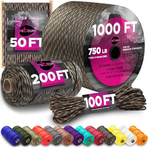 TECEUM Paracord Rope Type IV 750 – Tactical Heavy Duty – Outdoor Para Cord | Uabite, 30 m, DIY, Bracelet, Clothesline, Camping Gear, Parachute Cord 4 mm, 11-Strand Core, Strong Survival Rope