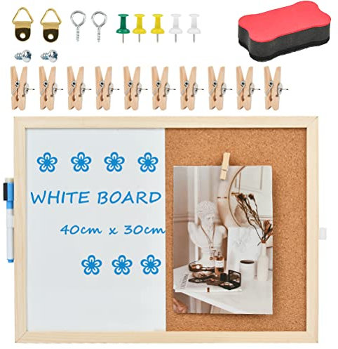 20PCS Magnetic Whiteboard Combination Cork White Board Set, 40x30cm Whiteboard & Cork Notice Board Combo with Magnetic Eraser, Dry Wipe Pen, Hooks, Push Pins and Push Pins with Clips for Home Office