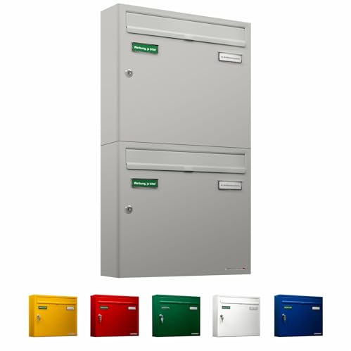 AL Briefkastensysteme Basic 2er Briefkasten RAL 9006 Weiß Aluminium Silber Edelstahl-farbig 2 Fach DIN A4 wetterfest Briefkastenanlage mit Posthaltebügel und 2 Namensschildern