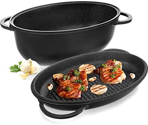 Ovale Bratpfanne Antihaft-Bratpfanne Grillpfanne zum Backen Braten Bräter mit Deckel tief 2in1 10 L GRANDE